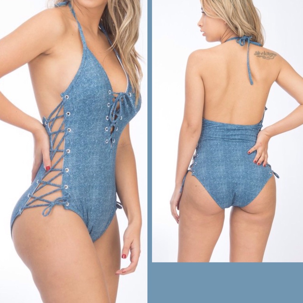 Lace-Up Halter One-Piece Swimsuit in Denim Blue